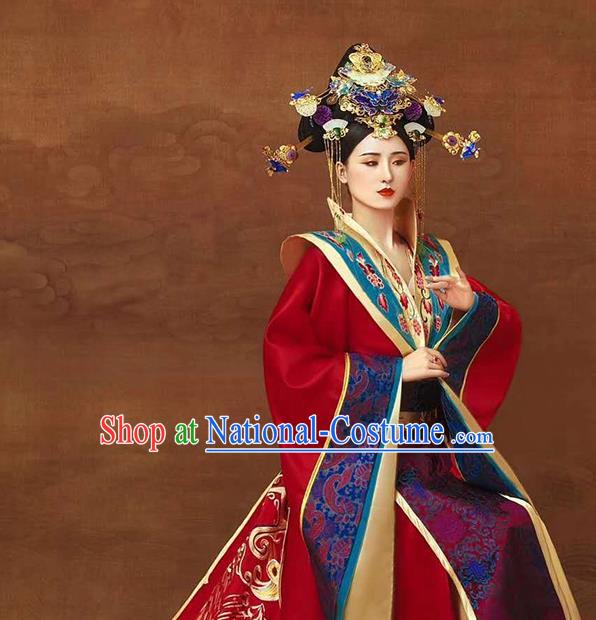 Chinese Ancient Imperial Consort Red Hanfu Dress Traditional Tang Dynasty Court Women Apparels Costumes and Headdress Complete Set