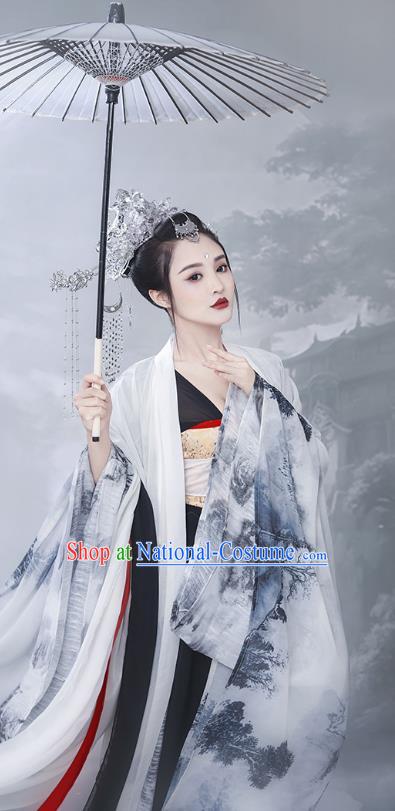 Chinese Ancient Princess Ink Painting Hanfu Dress Traditional Tang Dynasty Costumes Palace Lady Apparels and Headwear