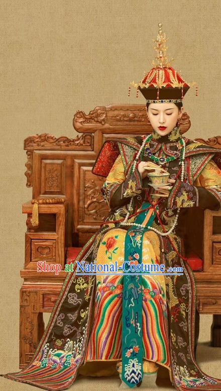 Chinese Ancient Manchu Queen Ruyi Embroidered Dress Traditional Qing Dynasty Court Empress Costumes and Phoenix Hat