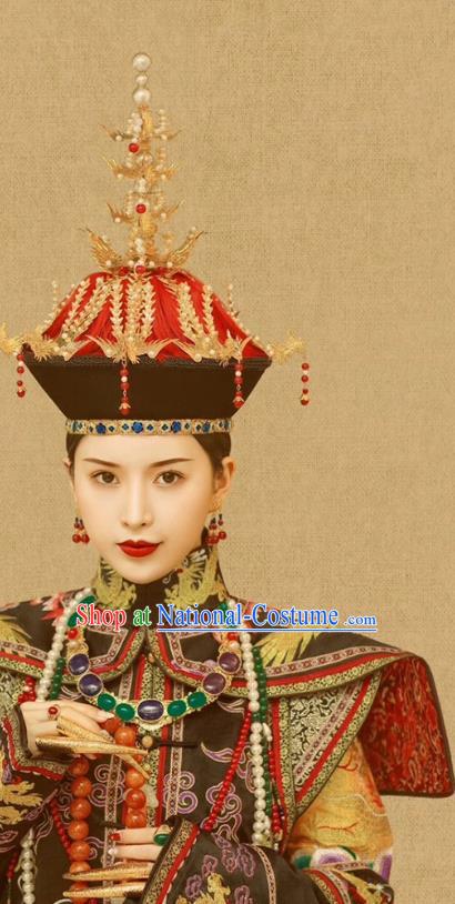 Chinese Ancient Manchu Queen Ruyi Embroidered Dress Traditional Qing Dynasty Court Empress Costumes and Phoenix Hat