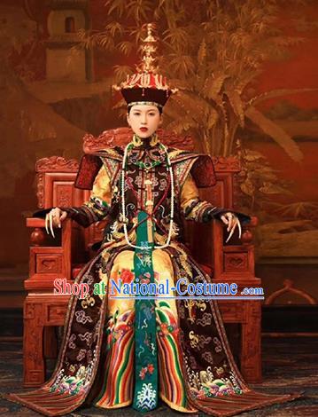 Chinese Ancient Manchu Queen Ruyi Embroidered Dress Traditional Qing Dynasty Court Empress Costumes and Phoenix Hat