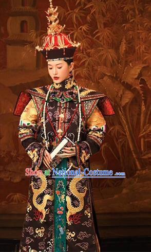 Chinese Ancient Manchu Queen Ruyi Embroidered Dress Traditional Qing Dynasty Court Empress Costumes and Phoenix Hat