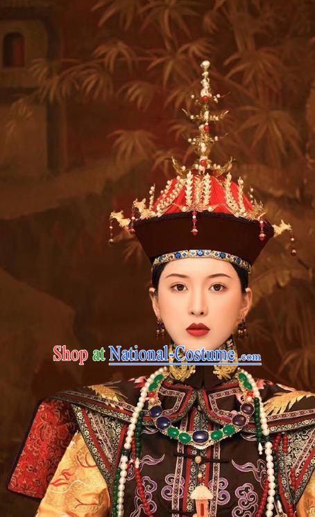 Chinese Ancient Manchu Queen Ruyi Embroidered Dress Traditional Qing Dynasty Court Empress Costumes and Phoenix Hat