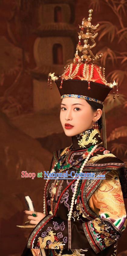 Chinese Ancient Manchu Queen Ruyi Embroidered Dress Traditional Qing Dynasty Court Empress Costumes and Phoenix Hat