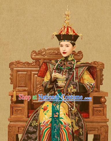 Chinese Ancient Manchu Queen Ruyi Embroidered Dress Traditional Qing Dynasty Court Empress Costumes and Phoenix Hat