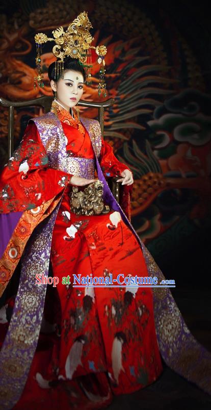 Chinese Traditional Court Consort Costumes Ancient Imperial Empress Embroidered Red Dress and Headdress