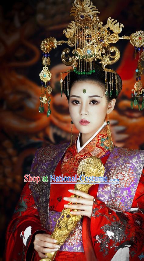 Chinese Traditional Court Consort Costumes Ancient Imperial Empress Embroidered Red Dress and Headdress