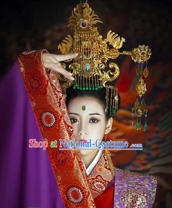 Chinese Traditional Court Consort Costumes Ancient Imperial Empress Embroidered Red Dress and Headdress