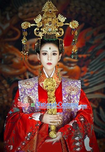 Chinese Traditional Court Consort Costumes Ancient Imperial Empress Embroidered Red Dress and Headdress