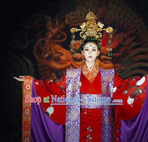 Chinese Traditional Court Consort Costumes Ancient Imperial Empress Embroidered Red Dress and Headdress