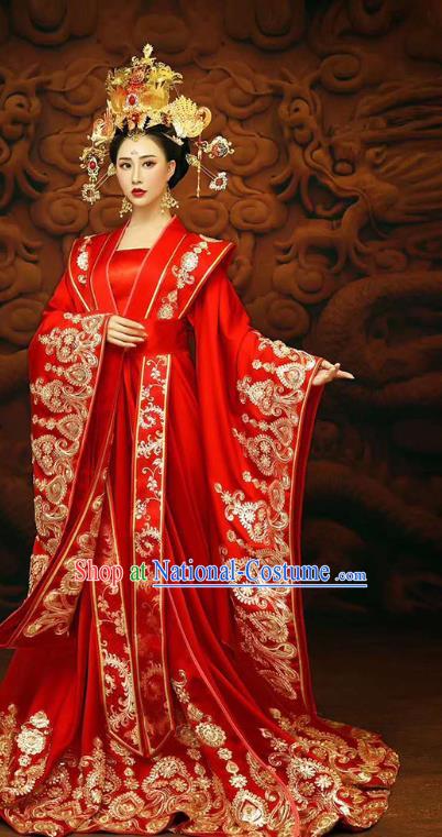 Chinese Traditional Tang Dynasty Costumes Ancient Princess Red Hanfu Dress Clothing and Phoenix Coronet Complete Set