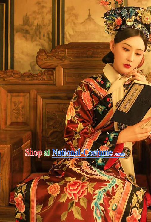 China Ancient Clothing Traditional Qing Dynasty Court Empress Costumes Royal Queen Embroidered Red Dress and Headpieces