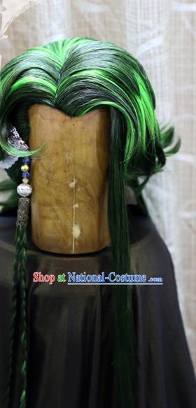 Cosplay Swordsman Green Wig Sheath Handmade China Ancient Chivalrous Male Wigs Style and Headpieces