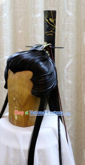 Cosplay Swordsman Jian Feidao Wig Sheath Handmade China Ancient Warrior Black Wigs Style and Hair Accessories