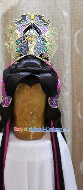 Cosplay Warrior Knight Wig Sheath Handmade China Ancient Swordsman Wigs Style and Purple Hair Crown