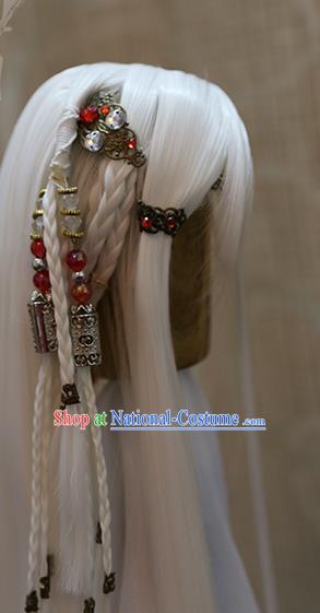 Cosplay BJD Monk White Wig Sheath Handmade China Ancient Swordsman Wigs Style and Headwear