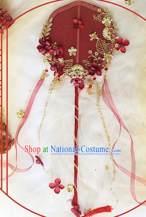 China Classical Red Palace Fans Handmade Hanfu Silk Fans Ribbon Fan