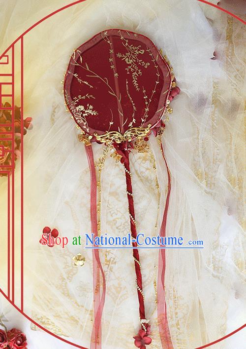 China Classical Red Palace Fans Handmade Hanfu Silk Fans Ribbon Fan