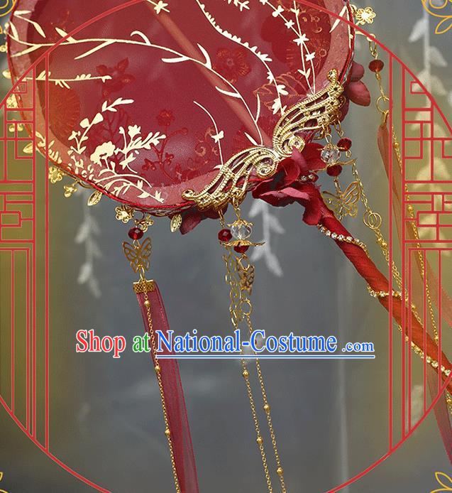 China Classical Red Palace Fans Handmade Hanfu Silk Fans Ribbon Fan