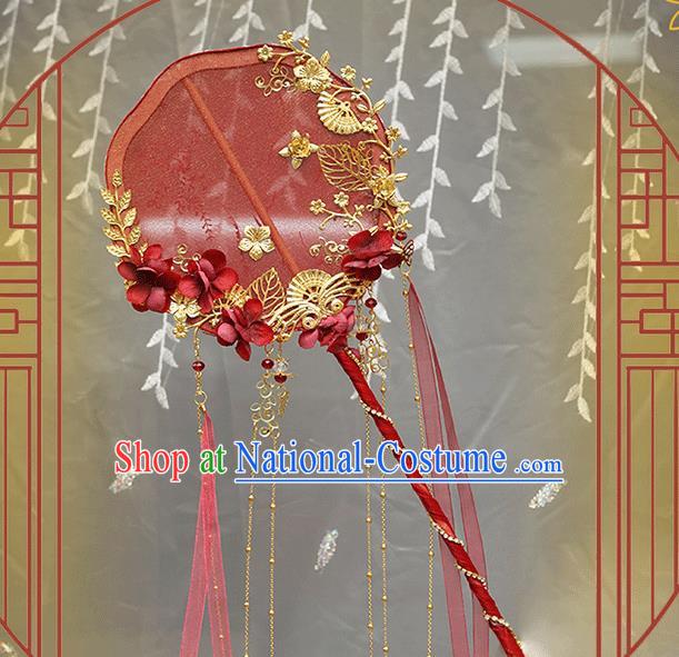 China Classical Red Palace Fans Handmade Hanfu Silk Fans Ribbon Fan