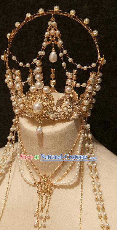 Halloween Cosplay Goddess Pearls Royal Crown Handmade Tassel Hair Accessories