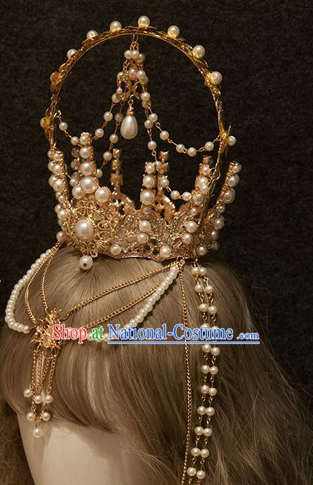 Halloween Cosplay Goddess Pearls Royal Crown Handmade Tassel Hair Accessories