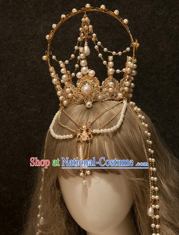 Halloween Cosplay Goddess Pearls Royal Crown Handmade Tassel Hair Accessories