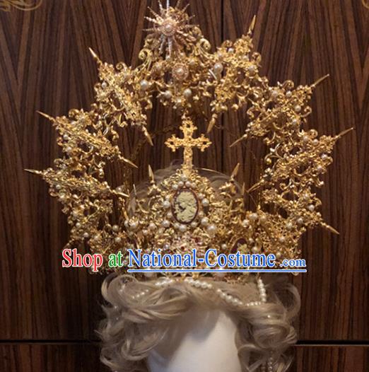 Halloween Cosplay Goddess Church Deluxe Golden Royal Crown Handmade Hair Accessories Baroque Headwear