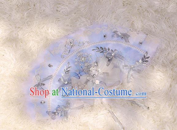 Handmade Wedding Blue Feather Folding Fans Classical Bride Fan Accordion