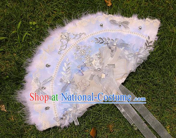 Handmade Wedding Blue Feather Folding Fans Classical Bride Fan Accordion