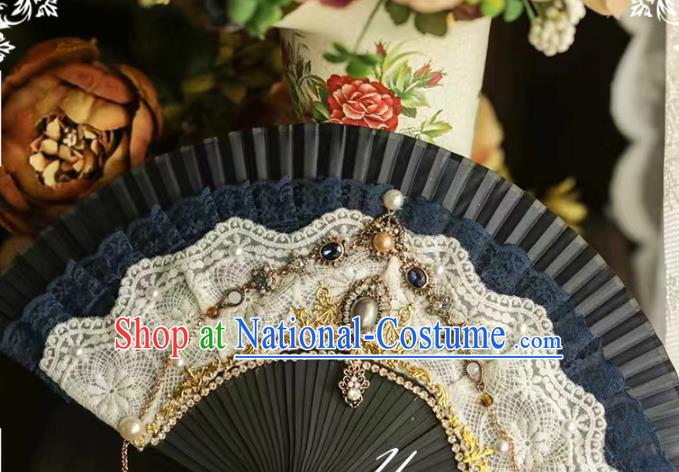 Handmade European Court Folding Fans Classical Dowager Fan Black Lace Accordion