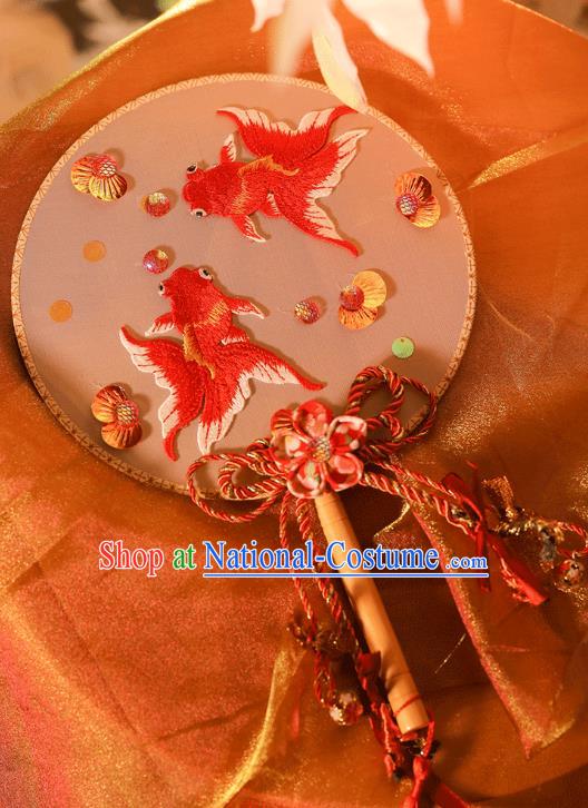 China Traditional Palace Fans Handmade Classical Silk Fan Embroidered Goldfish Round Fan