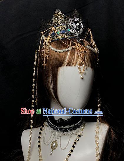 Handmade Gothic Bride Hair Accessories Headwear Halloween Cosplay Princess Deluxe Black Royal Crown