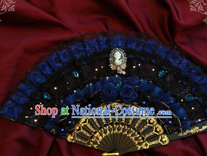 Handmade Blue Silk Roses Folding Fans Classical European Court Fan Victorian Era Lace Accordion