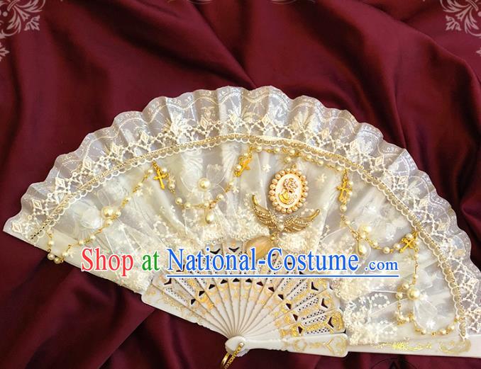 Handmade Beige Lace Folding Fans Classical Gothic Princess Wedding Fan Court Bride Accordion