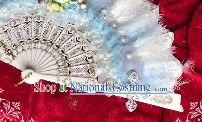 Handmade Retro White Feather Folding Fans Classical Princess Wedding Fan Court Bride Lace Accordion