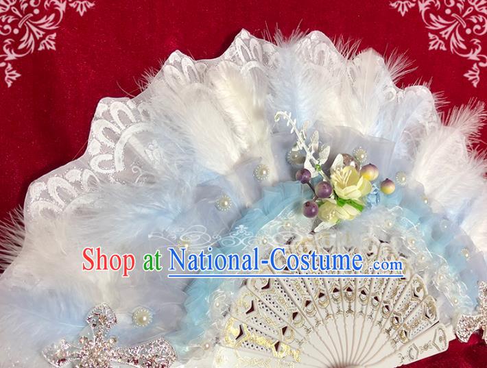 Handmade Retro White Feather Folding Fans Classical Princess Wedding Fan Court Bride Lace Accordion