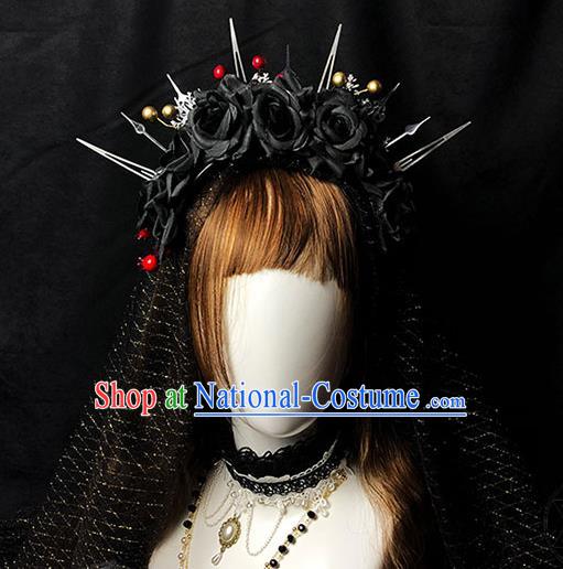 Halloween Cosplay Black Roses Royal Crown Handmade Hair Accessories Stage Show Gothic Princess Headwear