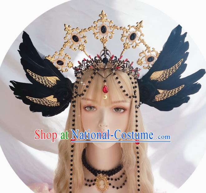 Halloween Cosplay Lolita Black Feather Royal Crown Stage Show Gothic Headwear Handmade Hair Accessories