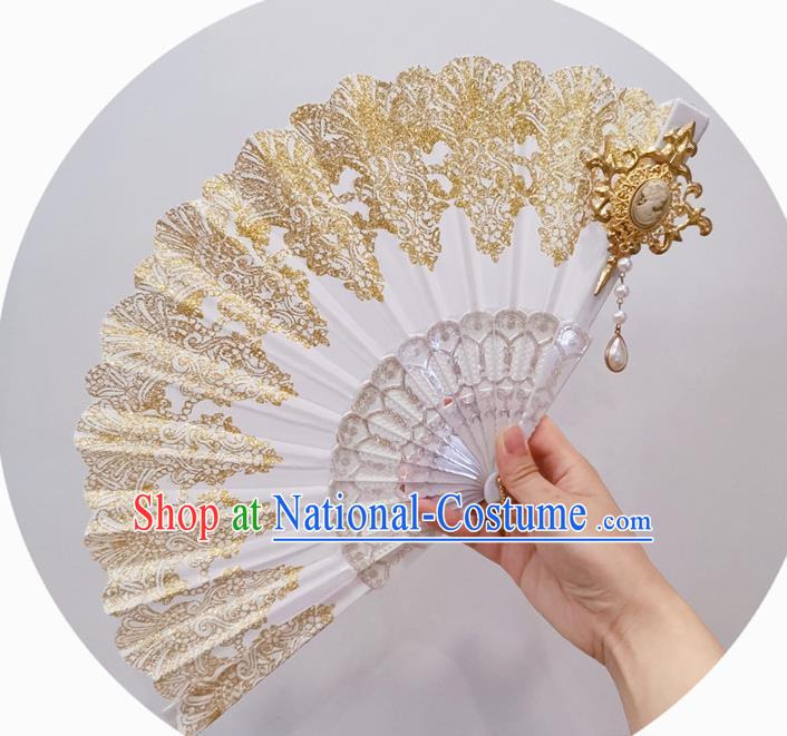 Handmade Retro White Lace Folding Fans Classical Bridal Fan Court Wedding Accordion