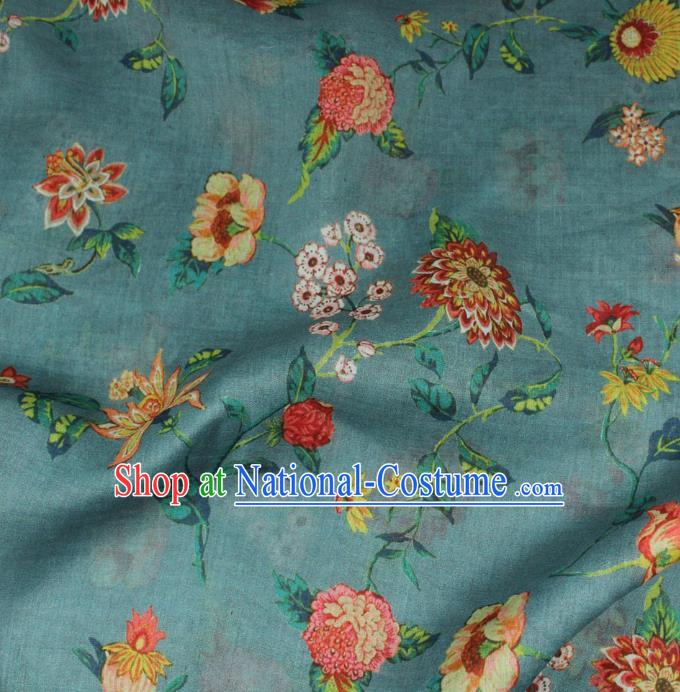 Chinese Printing Flowers Pattern Blue Ramine Fabric Traditional Linen Drapery Asian Qipao Dress Flax Cloth