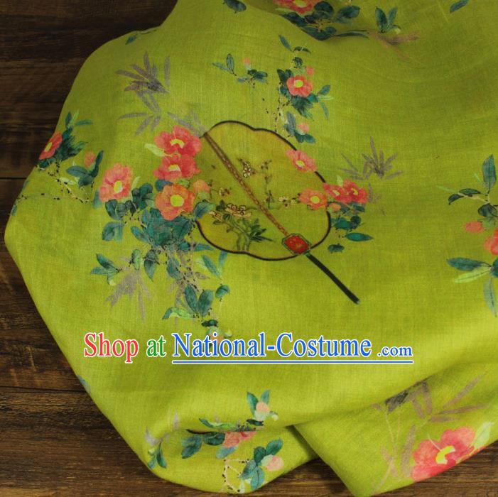 Chinese Printing Palace Fan Flowers Pattern Light Green Ramine Fabric Asian Qipao Dress Flax Cloth Traditional Linen Drapery