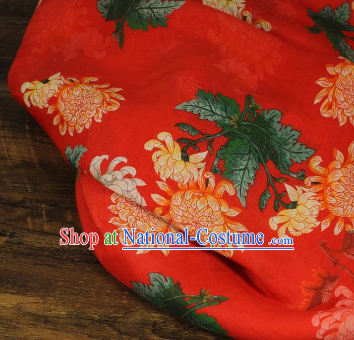 Chinese Printing Chrysanthemum Pattern Red Ramine Fabric Traditional Linen Drapery Asian Qipao Dress Flax Cloth