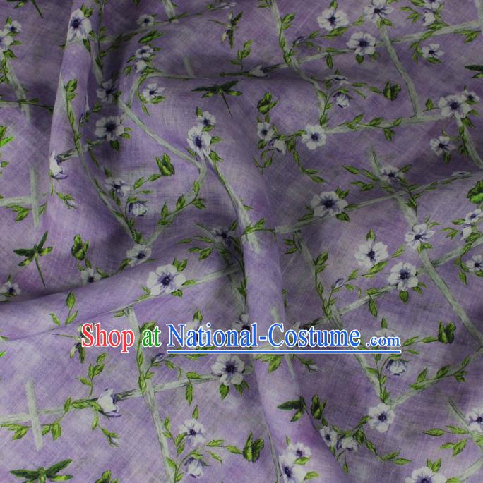 Traditional Linen Drapery Asian Qipao Dress Purple Flax Cloth Chinese Printing Flowers Pattern Ramine Fabric