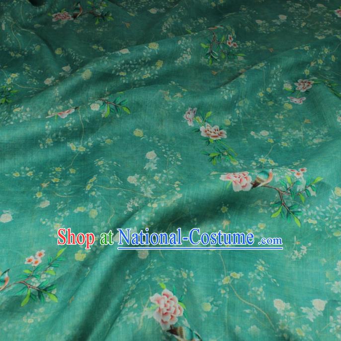 Chinese Printing Peony Bird Pattern Green Ramine Fabric Traditional Linen Drapery Asian Qipao Dress Flax Cloth