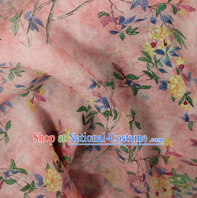 Chinese Pink Flax Cloth Traditional Printing Flowers Pattern Ramine Fabric Asian Qipao Dress Linen Drapery