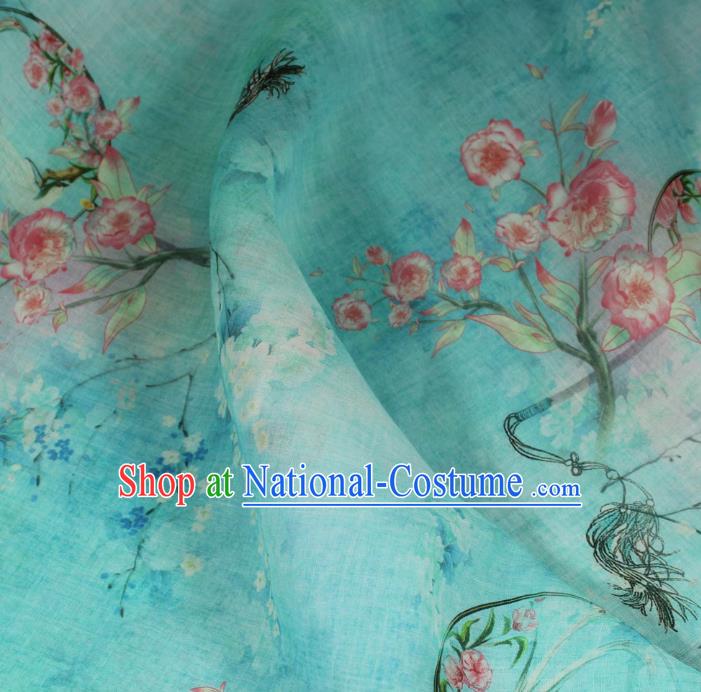 Chinese Printing Flowers Pattern Light Green Ramine Fabric Traditional Asian Qipao Dress Linen Drapery Flax Cloth