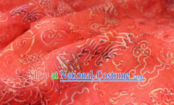 Chinese Traditional Cloud Dragon Pattern Red Flax Asian Tang Suit Linen Drapery Fabric Qipao Dress Cloth