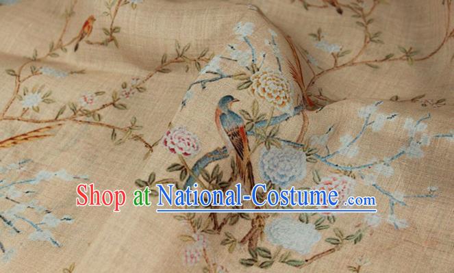 Chinese Traditional Flowers Birds Pattern Beige Flax Asian Tang Suit Linen Drapery Qipao Dress Cloth Fabric