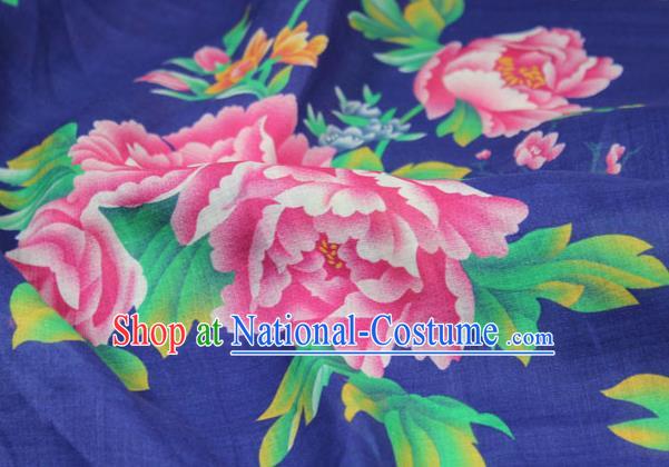 Chinese Traditional Peony Pattern Deep Blue Flax Asian Linen Drapery Qipao Dress Cloth Quilt Cover Fabric